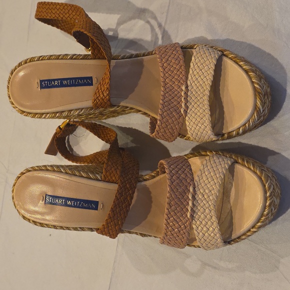 Stuart Weitzman Elsie Espadrille Wedge Ankle Wrap Sandal Beige Platform High 9.5 - Picture 8 of 13